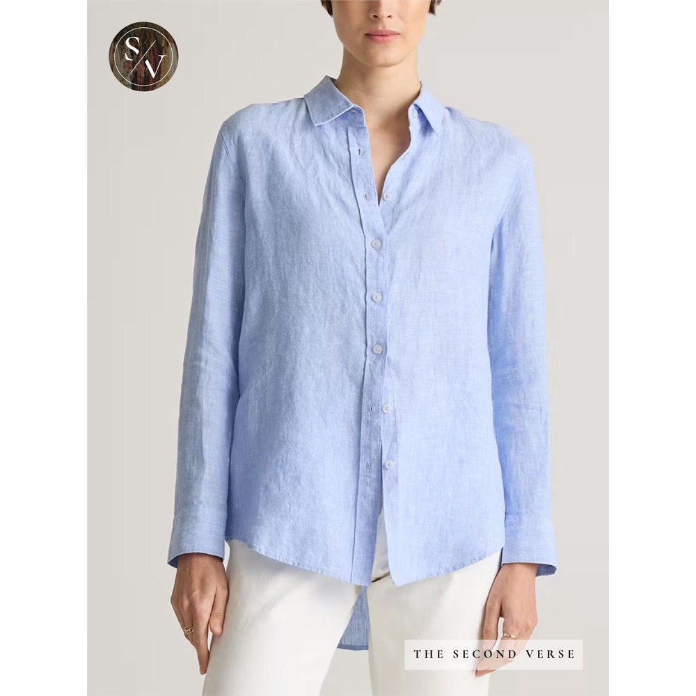 Quince Button Down Women L Light Blue 100% Linen Long Sleeve Classic Shirt